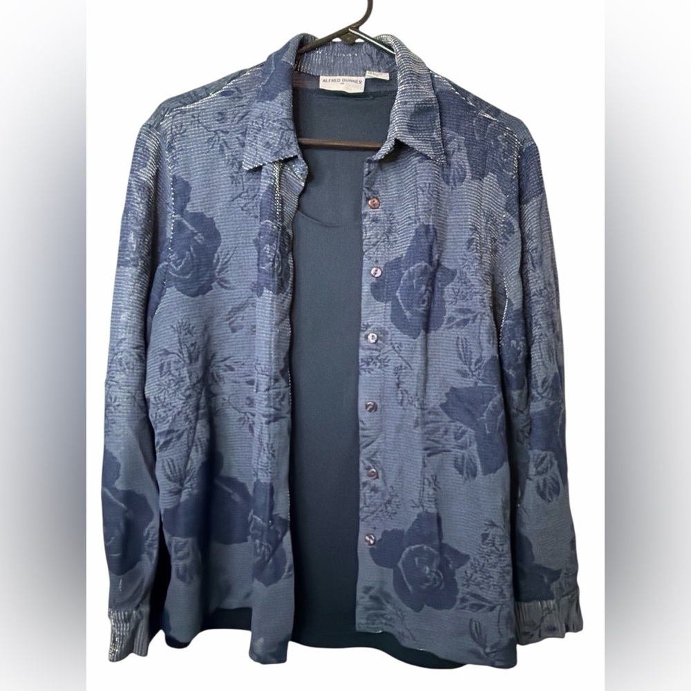Alfred Dunner Button Shirt Womens 18 Blue Rose Metallic Collar